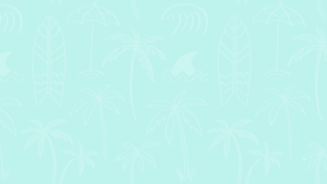 Light turquoise background with subtle line drawings of surfboards, palm trees, and ocean waves.