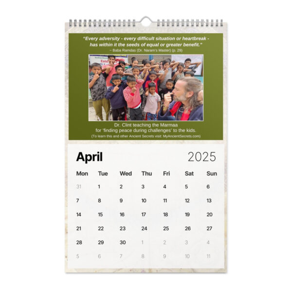 Discover the Ancient Secrets Love Calendar (2025): April showcases a touching quote paired with an image of children keenly learning from an adult, reflecting ageless wisdom through generations.