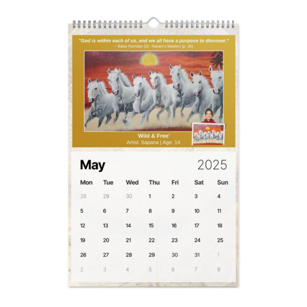 The Ancient Secrets Love Calendar (2025) is opened to May, displaying white horse artwork with a photo of Sapana, 14-year-old artist. A Baba Rundaas quote beautifully appears above the captivating scene.