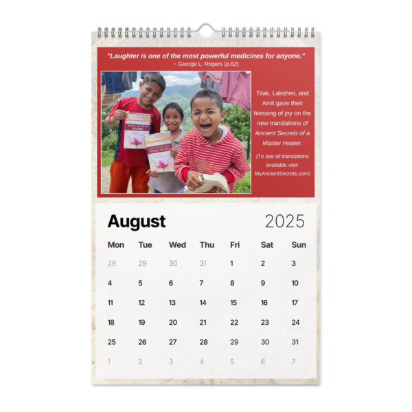 The August page of the Ancient Secrets Love Calendar (2025) features a motivational quote about laughter and an image of three smiling children holding books.