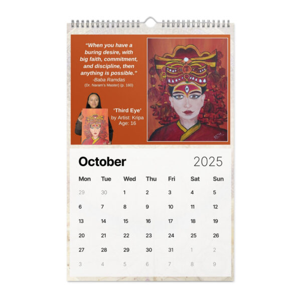 The October page of the Ancient Secrets Love Calendar (2025) features a quote and "Third Eye" artwork by 16-year-old artist, Kripa. This piece depicts a stylized face with a vibrant headdress, reflecting timeless wisdom.