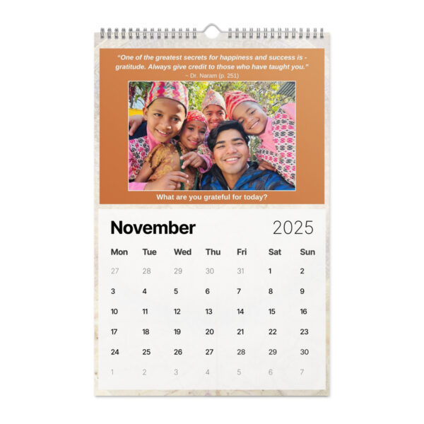 The November page of the Ancient Secrets Love Calendar (2025) highlights gratitude with a vibrant photo of smiling people in colorful attire and poses the question, "What are you grateful for today?.