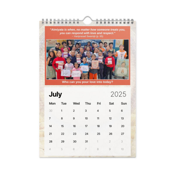 The Ancient Secrets Love Calendar (2025) showcases a July page with a group photo of people holding supportive signs beneath a quote about kindness, alongside the neatly displayed calendar dates, merging timeless wisdom with daily reminders.