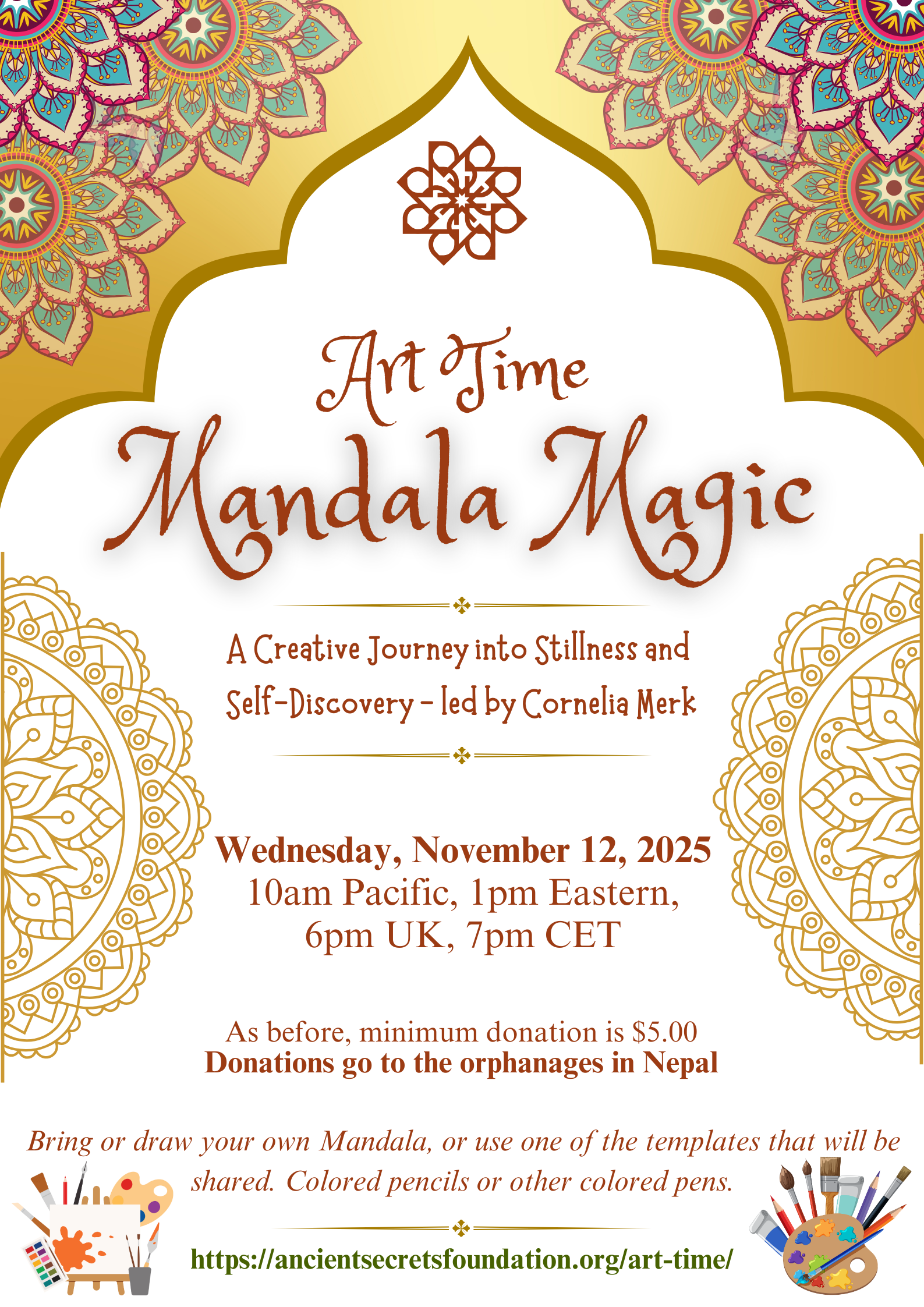 Art Time event poster with Luke Sutton. Details: April 9, 10am PST on Zoom, $5 minimum fee. Includes drawing activities. Proceeds to Ancient Secrets Foundation.