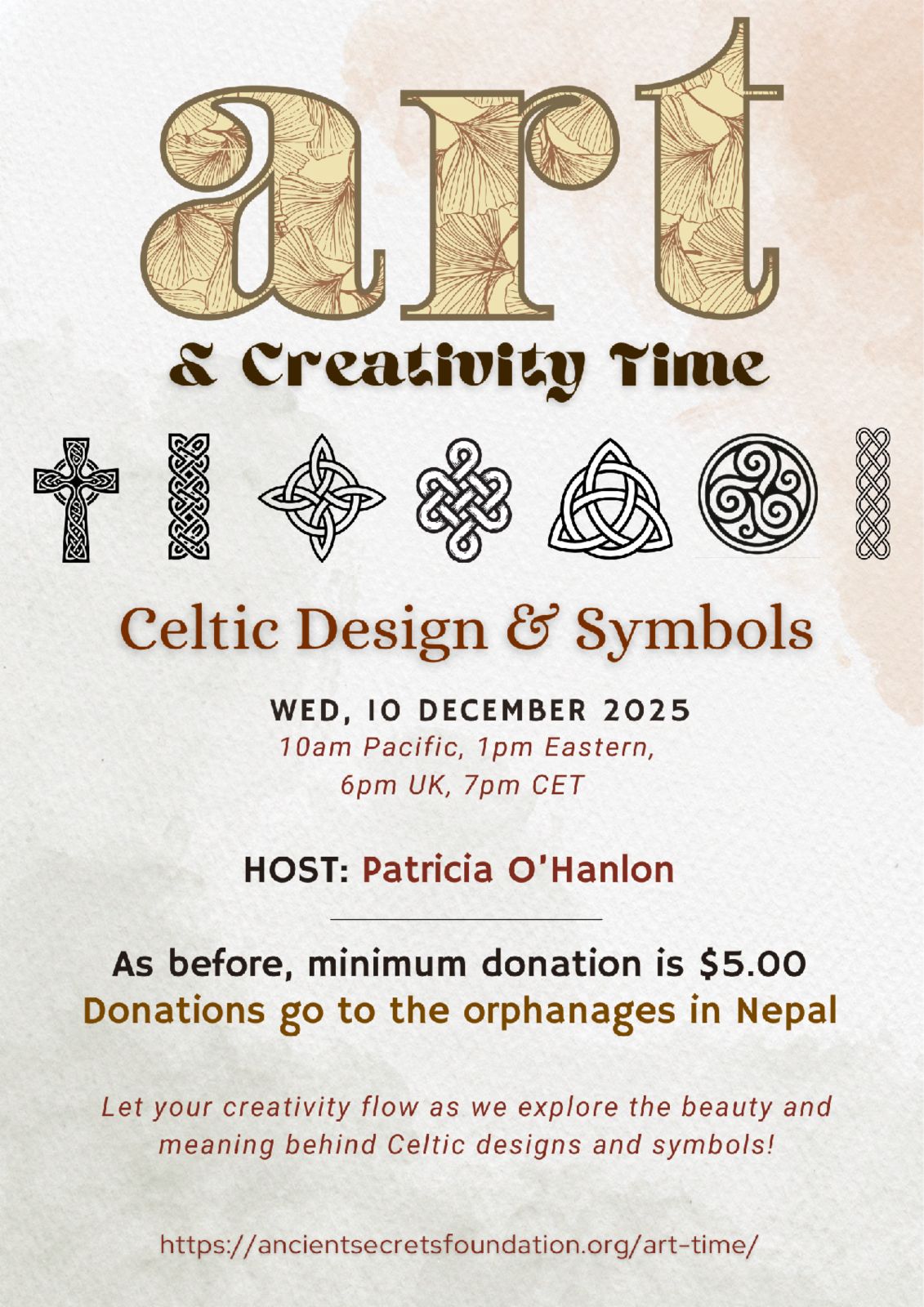 Art Time event poster with Luke Sutton. Details: April 9, 10am PST on Zoom, $5 minimum fee. Includes drawing activities. Proceeds to Ancient Secrets Foundation.