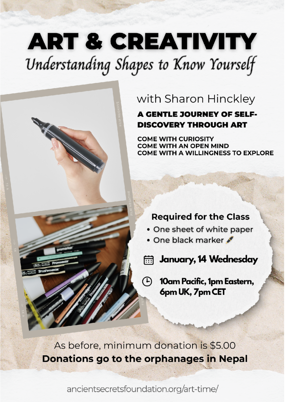 Art Time event poster with Luke Sutton. Details: April 9, 10am PST on Zoom, $5 minimum fee. Includes drawing activities. Proceeds to Ancient Secrets Foundation.