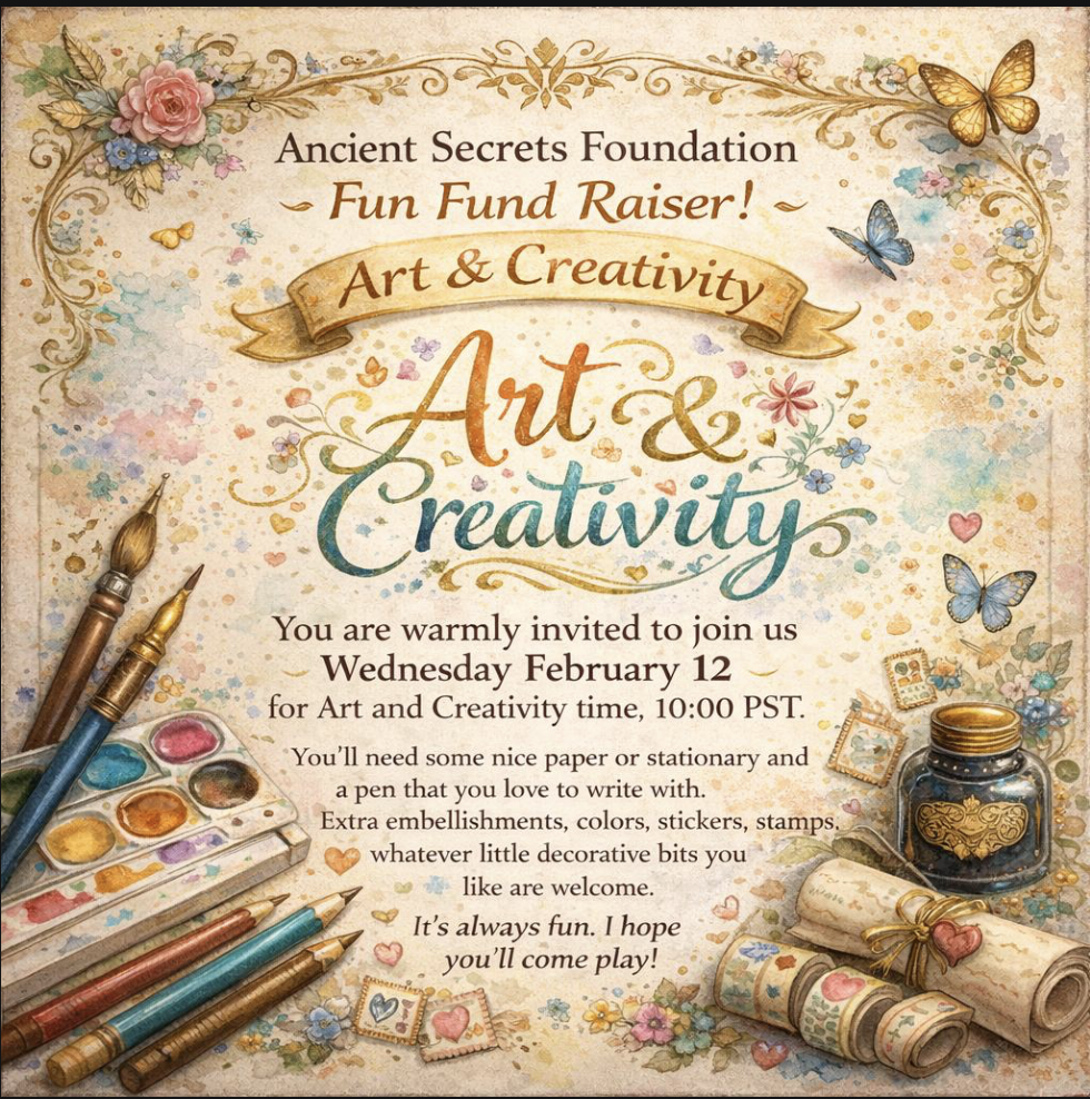 Art Time event poster with Luke Sutton. Details: April 9, 10am PST on Zoom, $5 minimum fee. Includes drawing activities. Proceeds to Ancient Secrets Foundation.